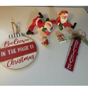 Vintage Christmas Lot Clown Santa Shelf Sitters Believe Sign Ornaments